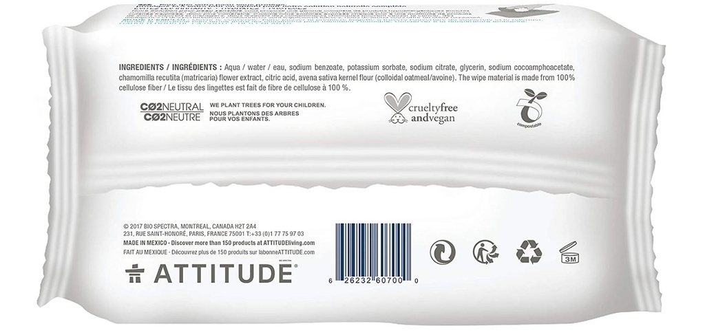 Attitude Sensitive Skin Natural Baby Wipes Unscented 72CT