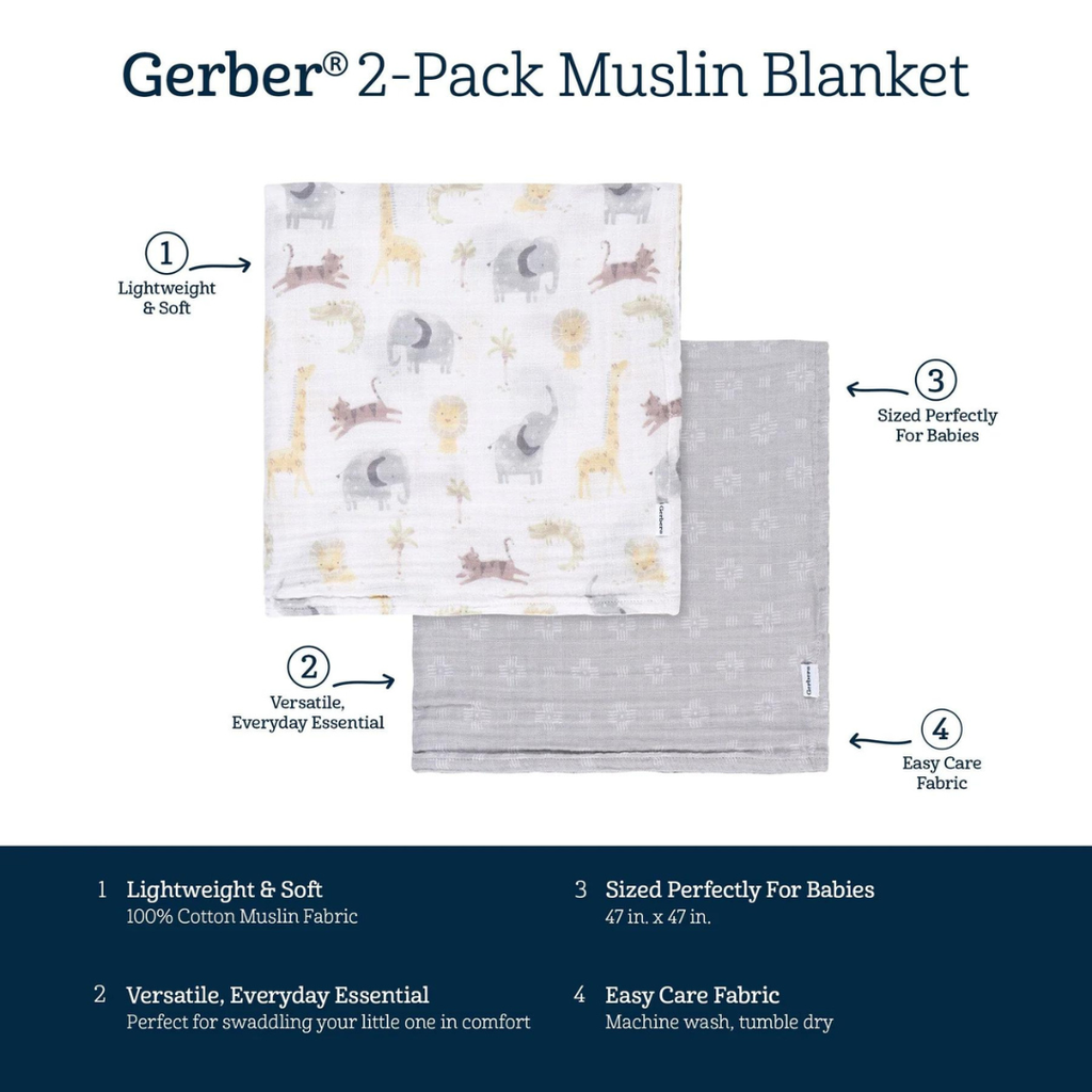 Gerber Muslin Blankets 2pk Neutral Animal Geo