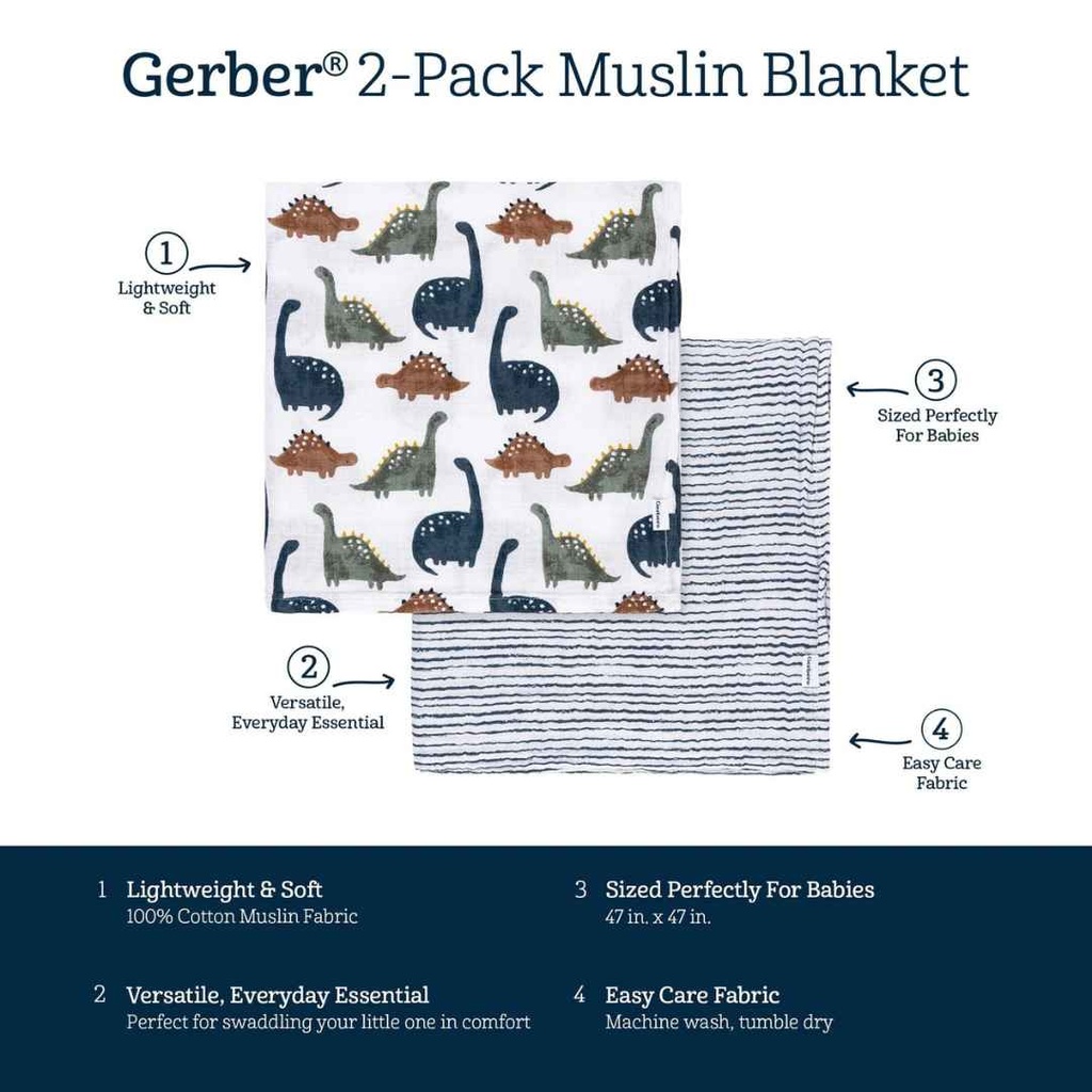 Gerber Dino Time Muslin Blankets 2 Pack