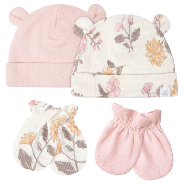 Hat & Mitten Set 4pc - Dusty Pink & Floral