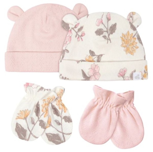 [169752-BB] Hat & Mitten Set 4pc - Dusty Pink & Floral