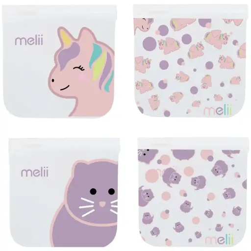 [179436-BB] Melii Reusable Snack Bags 4Pc Unicorn & Cat