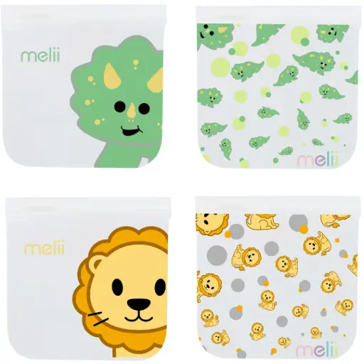 [179437-BB] Melii Reusable Snack Bags 4Pc Dino & Lion